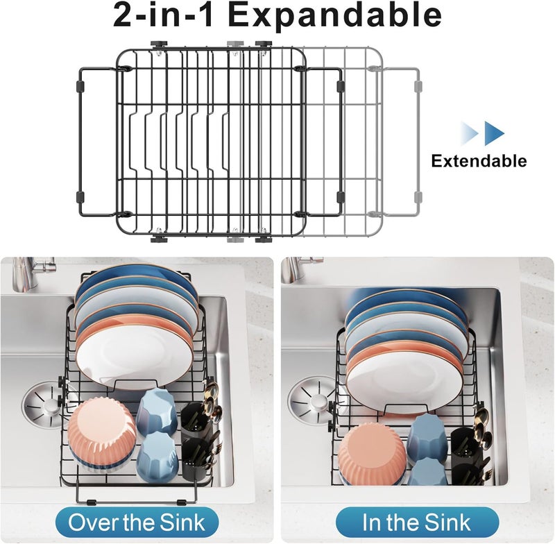 iSPECLE Expandable in Sink Dish Drying Rack - Adjustable Capacity Over The Sink Dish Drainer Drying Rack with Utensil Holder for Kitchen, 12.4"-17.1" L x 12.8" W, Black - Image 3